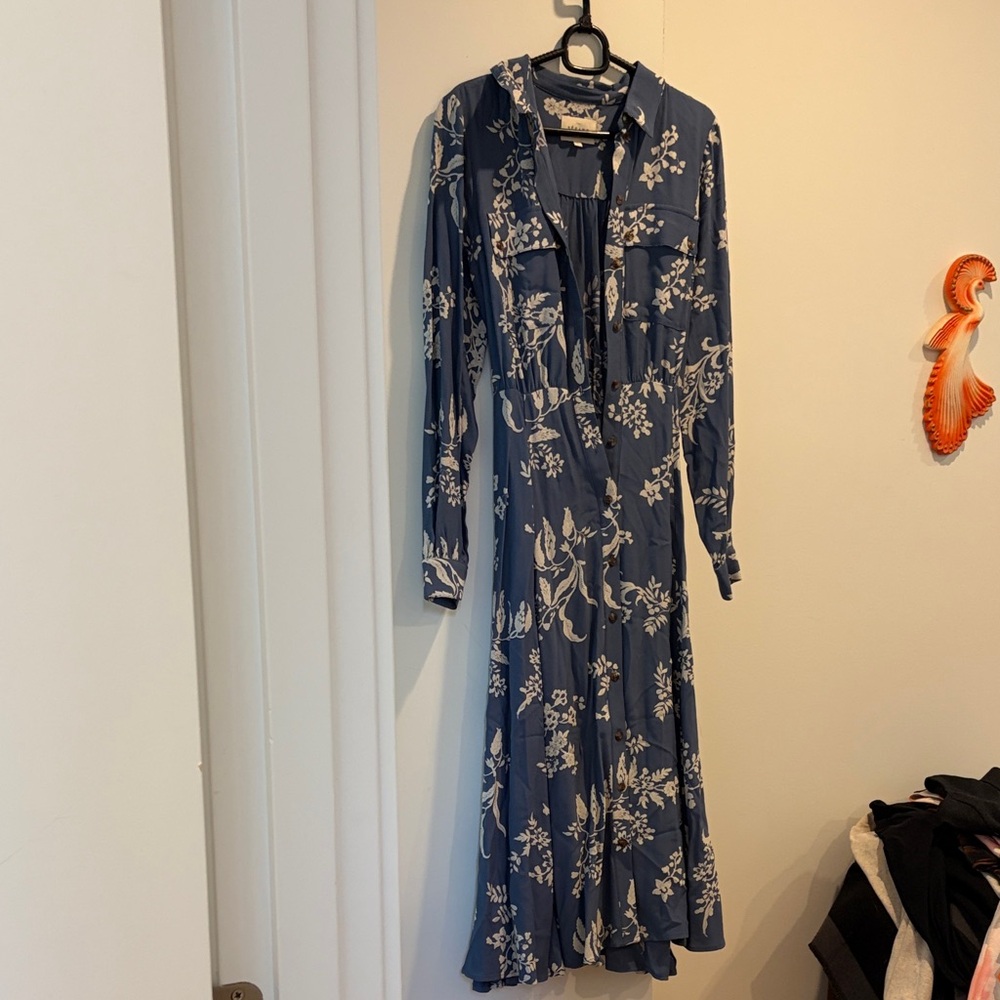 Sezane Blue Floral Print Long Sleeve Lauretta Maxi Dress Size 36
